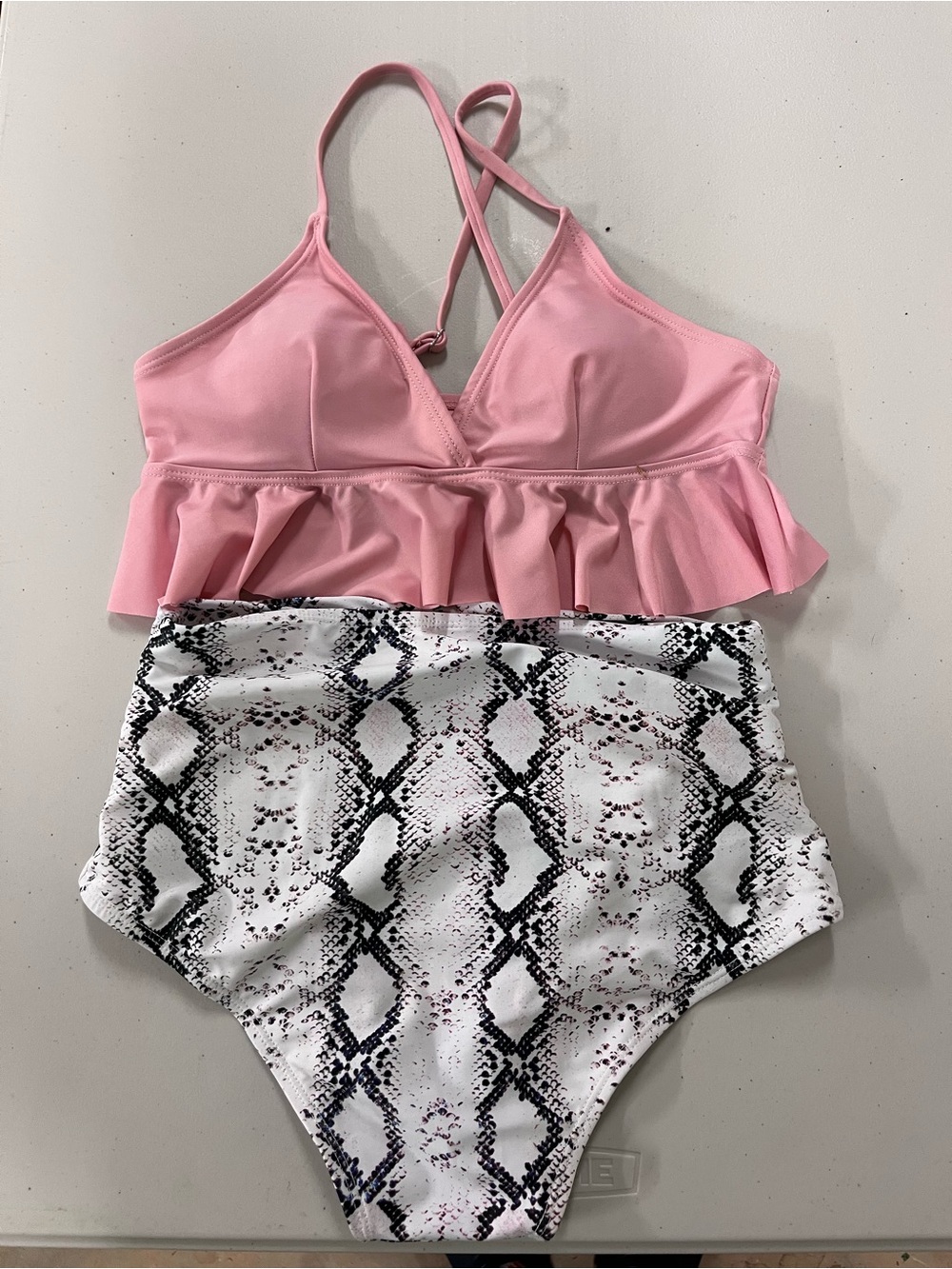 Women’s Pink Ruffle Tankini Swim Set with Snake Print Bottoms
